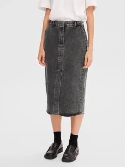 Best Sale Selected Denim Midi Rok Cali Dark Grey Denim